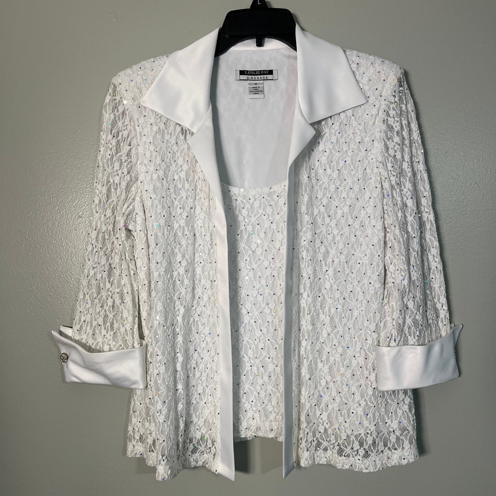 Leslie Fay White Lace Sequin Mock 2-piece Jacket & Top Set Sz 10 Rhinestone cuff
